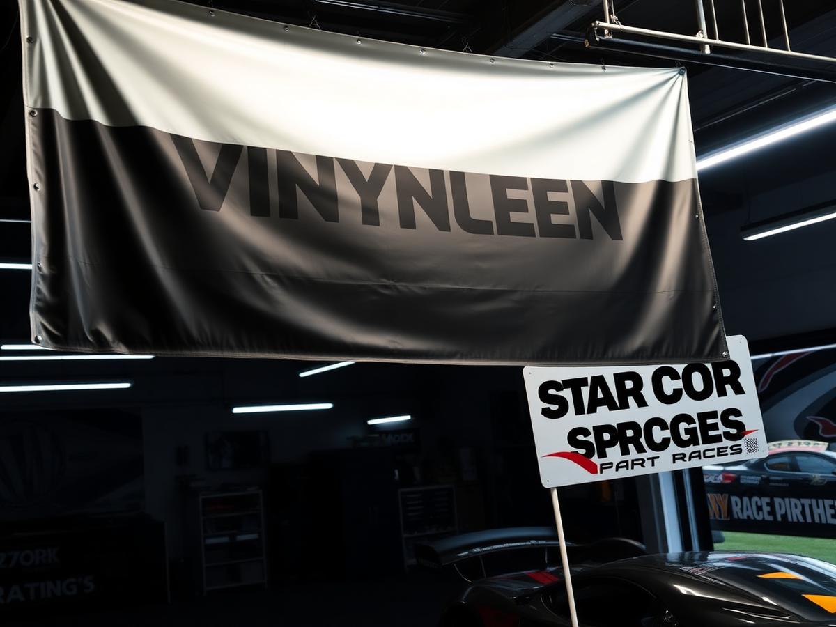 Large vinyl banner and coroplast yard signs in a print shop with race cars in the background