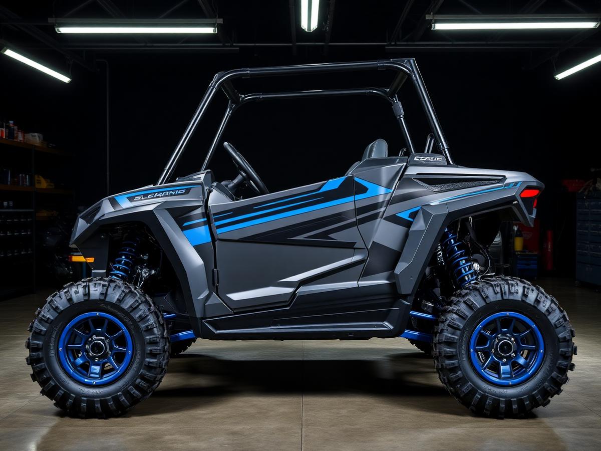 Off-road UTV with a custom vinyl wrap in a garage
