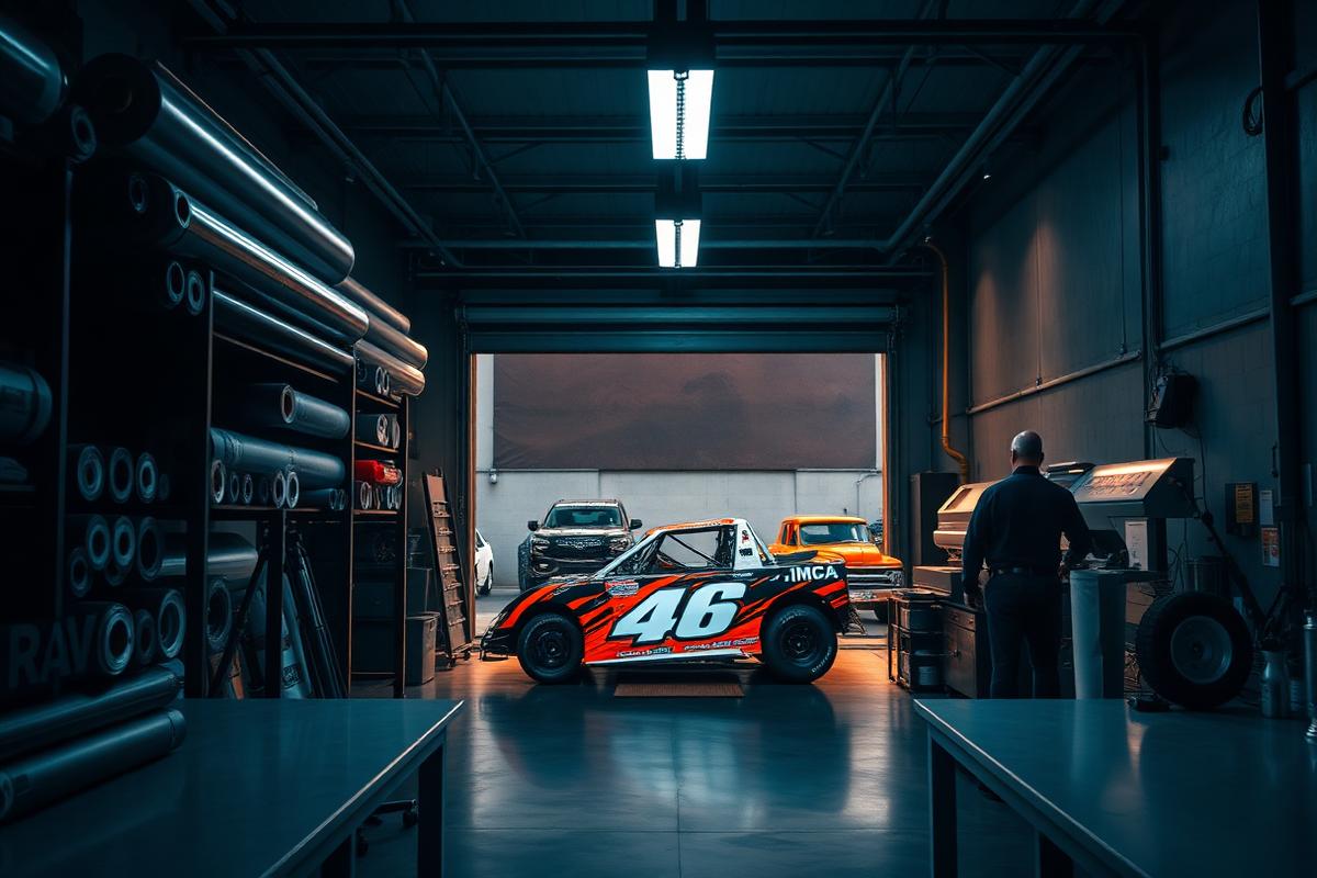 Brand-Em wrap shop interior with vinyl rolls, a race car, and daily drivers