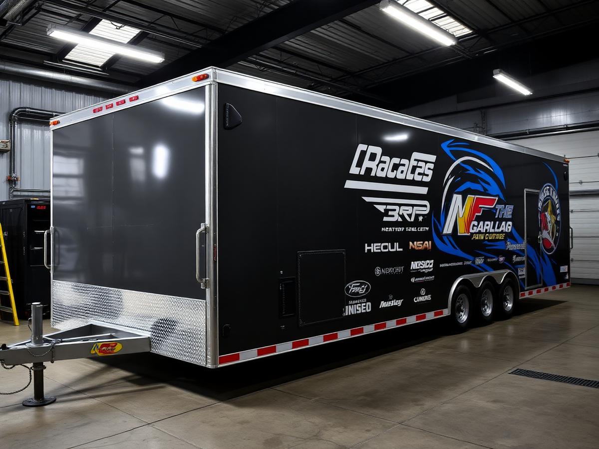 Race trailer with bold vinyl graphics in a shop
