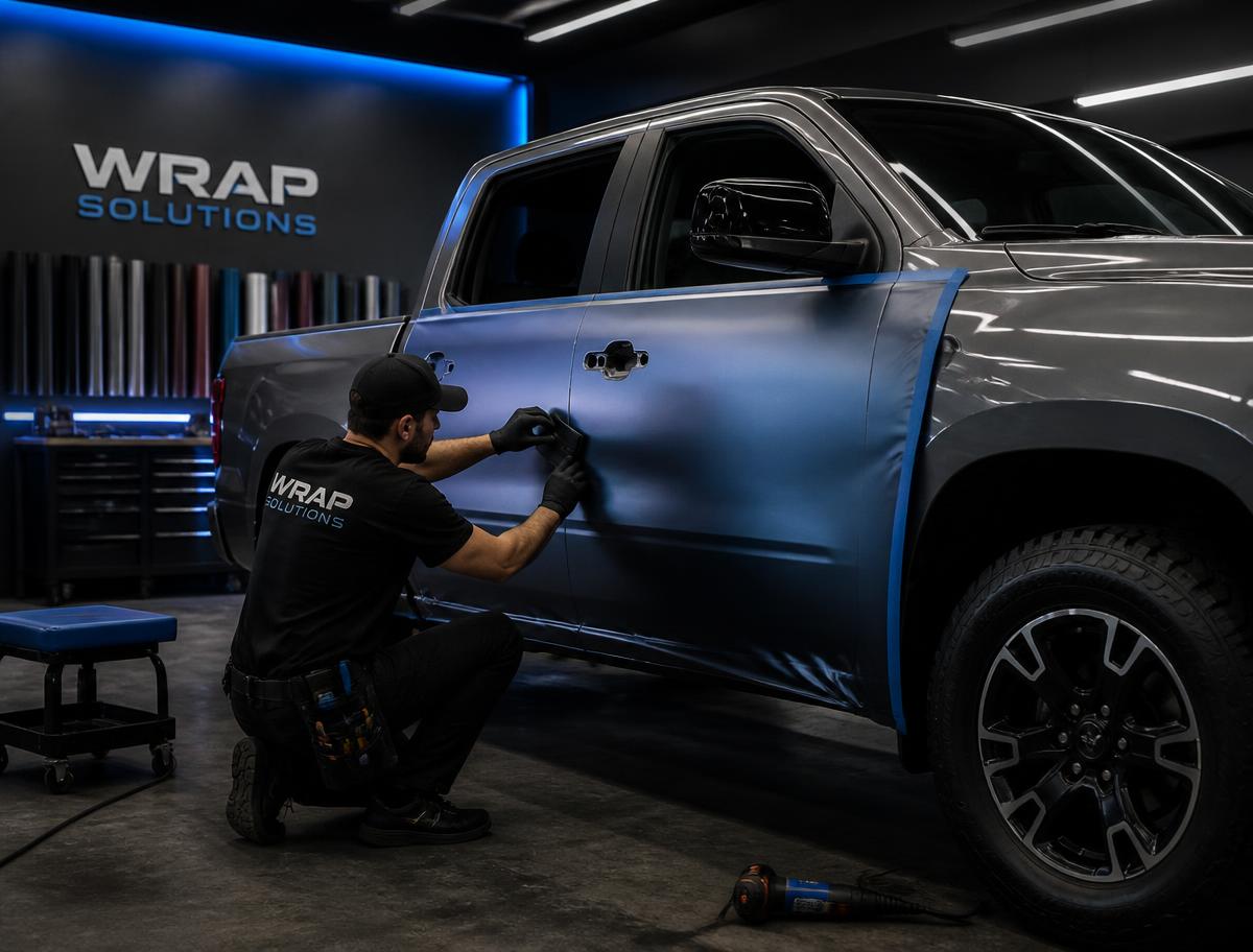 Installer applying a satin color-change vinyl wrap to a pickup truck door in a shop